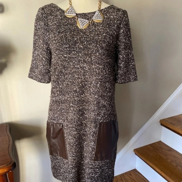 Tibi Wool Brown Tweed Wool & Leather Shift Dress - Picture 4 of 8